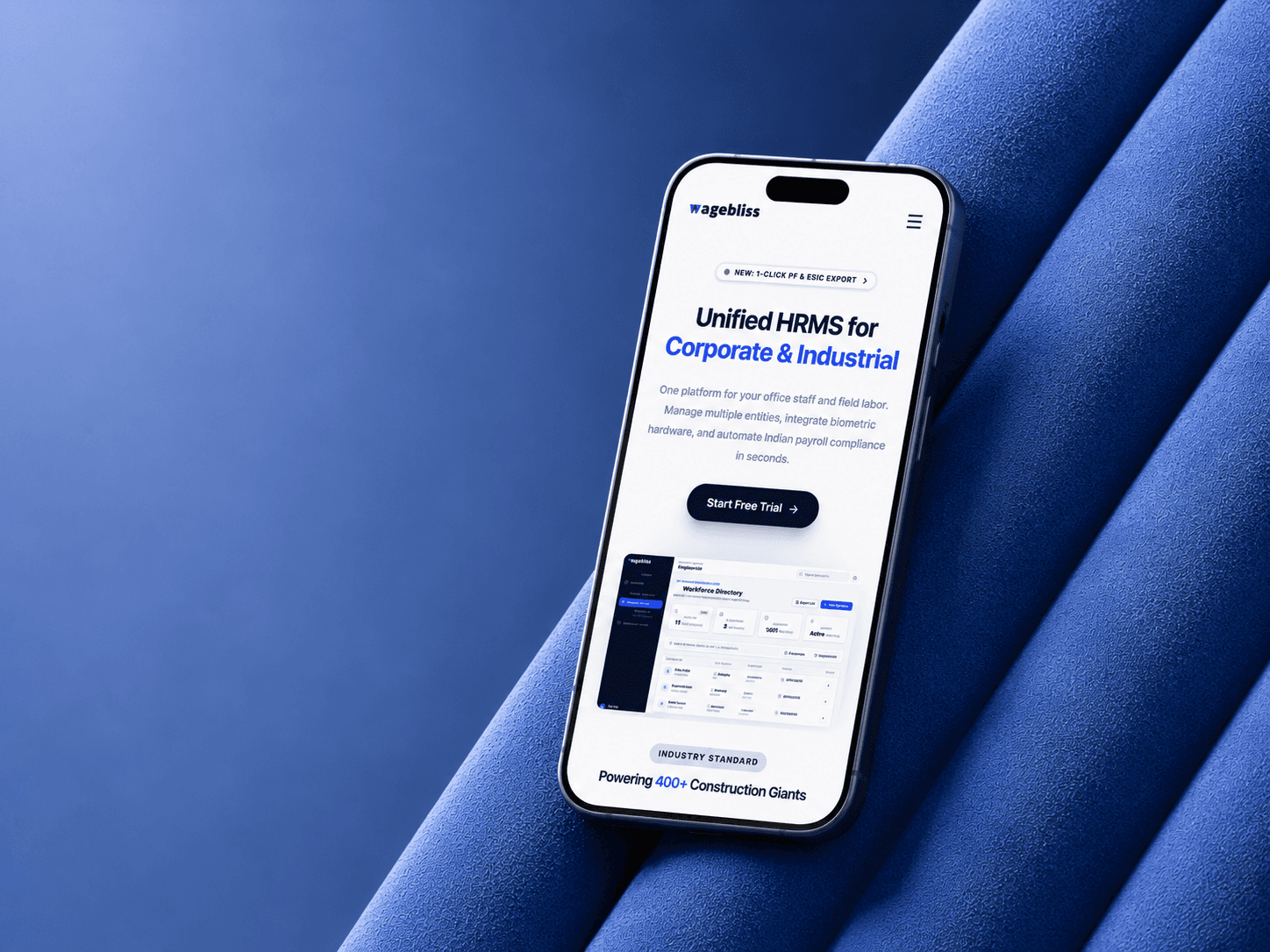 WageBliss Industrial HRMS App Mockup